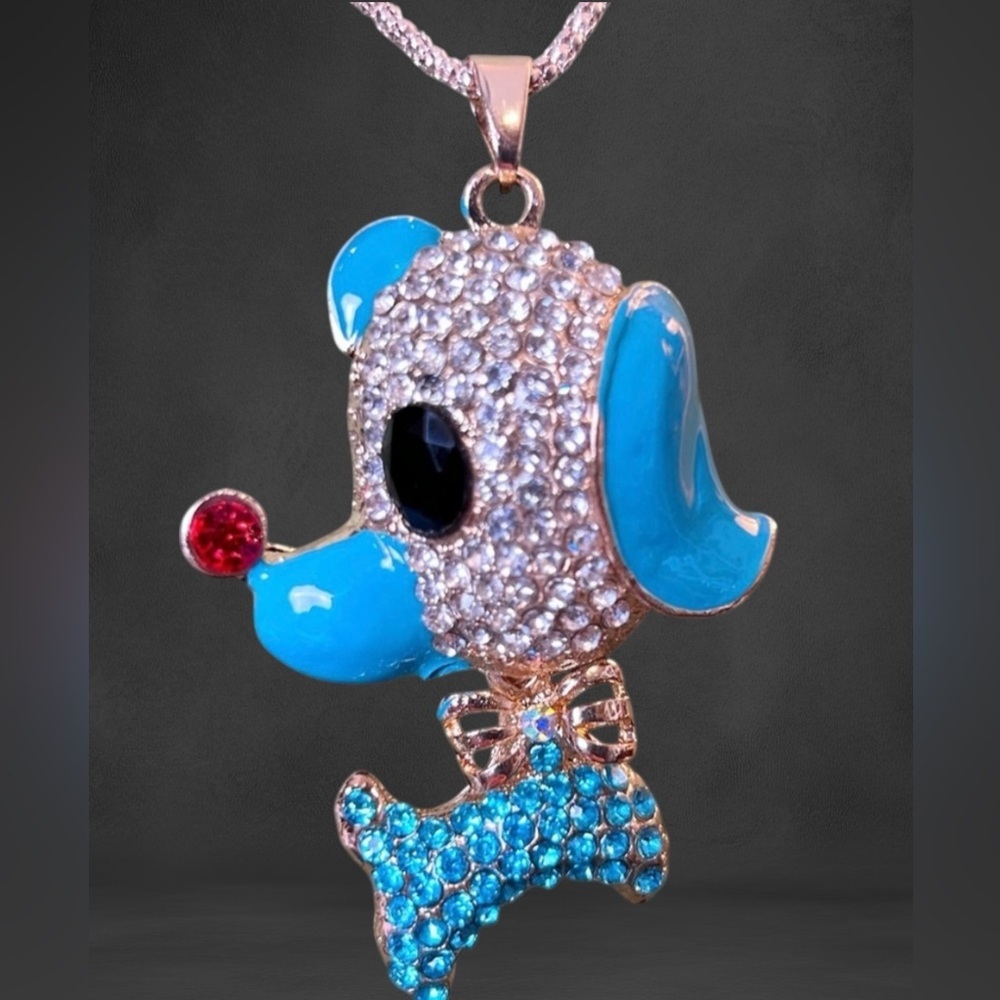 Betsey Johnson blue dog, crystals & enamel, articulated Whimsical Playful Cute